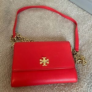Tory Burch coral clutch with removable gold chain.
